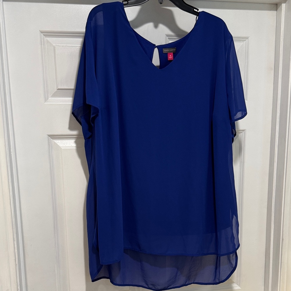 Vince Camuto Royal Blue Sheer High Low  Blouse